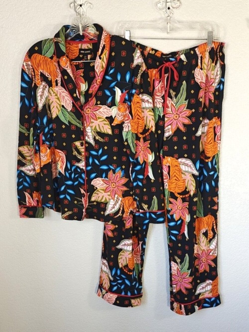 Room Service XL Pajama Set Black Tiger Floral Long Sleeve Button Down& Pants